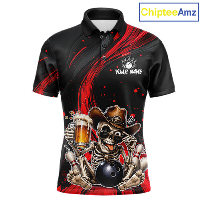 Funny Skeleton Cowboy Bowling Shirt, Personalized Red Color Beer Bowler Polo & Quarter-Zip 