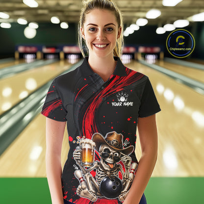 Person wearing a custom bowling shirt with a skeleton design in a bowling alley.