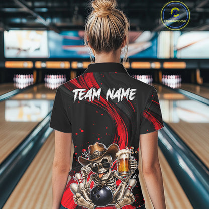 Person wearing a black bowling shirt with a skeleton design and 'Team Name' text in a bowling alley.