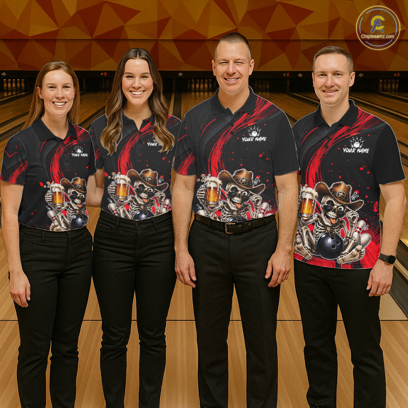 Funny Skeleton Cowboy Bowling Shirt, Personalized Red Color Beer Bowler Polo & Quarter-Zip NHT1161