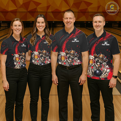 Funny Skeleton Cowboy Bowling Shirt, Personalized Red Color Beer Bowler Polo & Quarter-Zip NHT1161