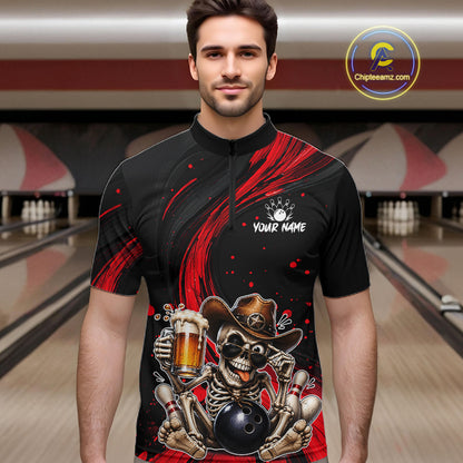 Man wearing a black and red bowling shirt with a skeleton design in a bowling alley.