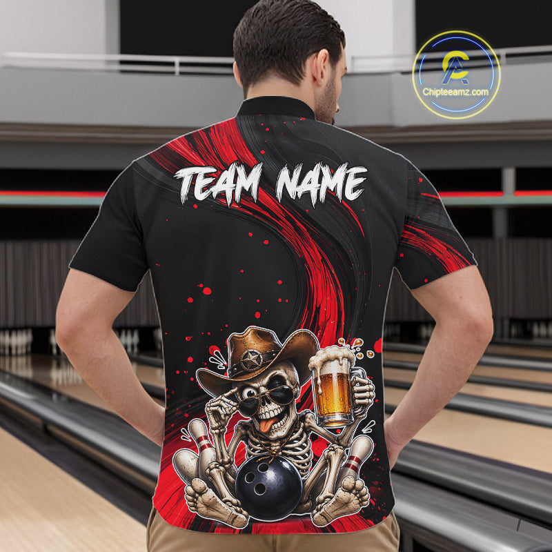 Person wearing a black bowling shirt with a skeleton design and 'Team Name' text on a bowling alley background.