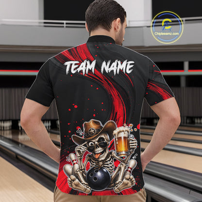 Person wearing a black bowling shirt with a skeleton design and 'Team Name' text on a bowling alley background.