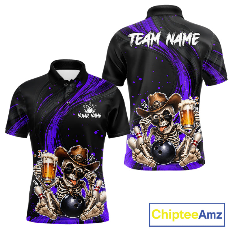 Black and purple bowling shirt with skeleton design and 'Team Name' text on a white background.