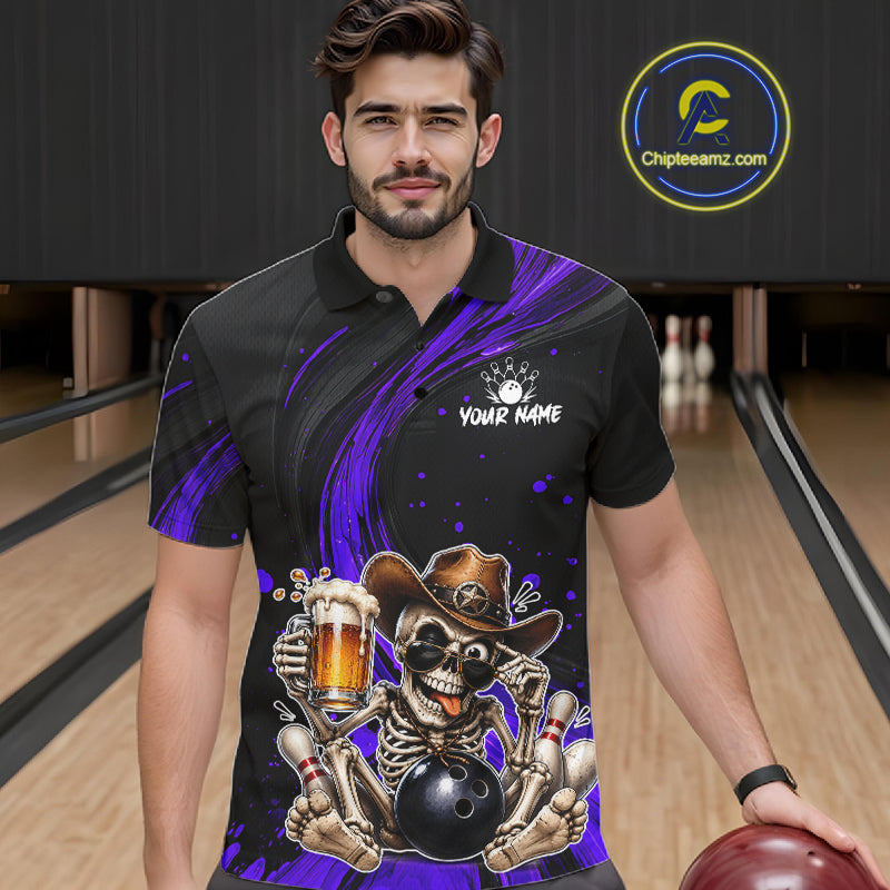 Man wearing a black and purple polo shirt with a skeleton design in a bowling alley.