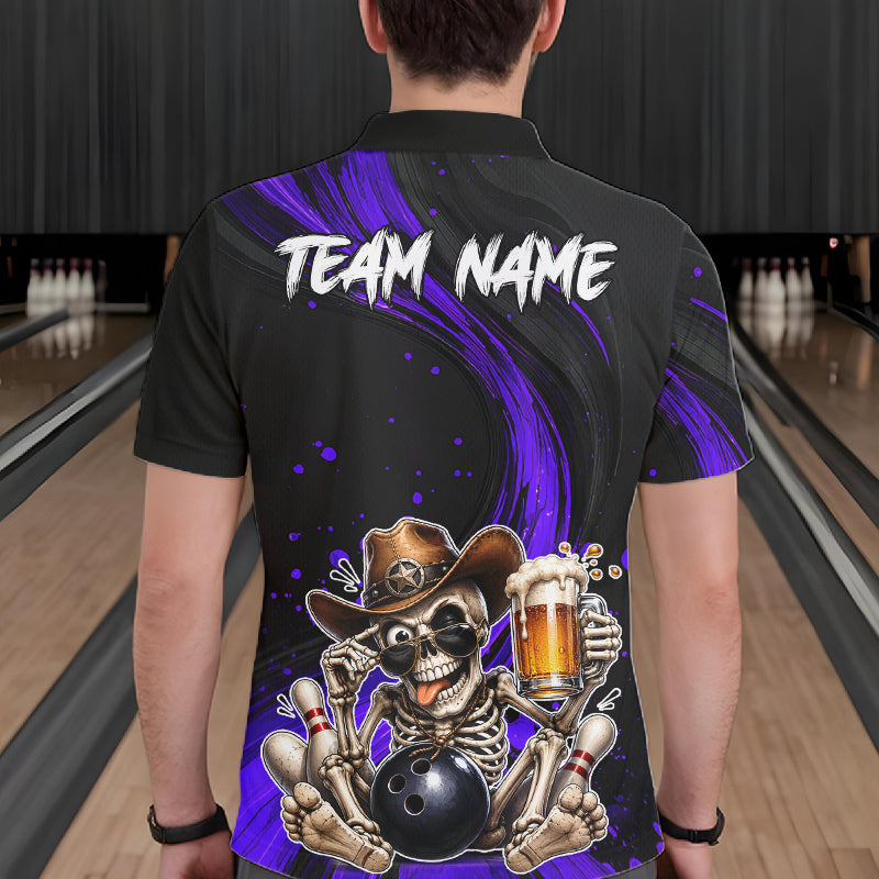 Person wearing a black bowling shirt with a skeleton design and 'Team Name' text in a bowling alley.