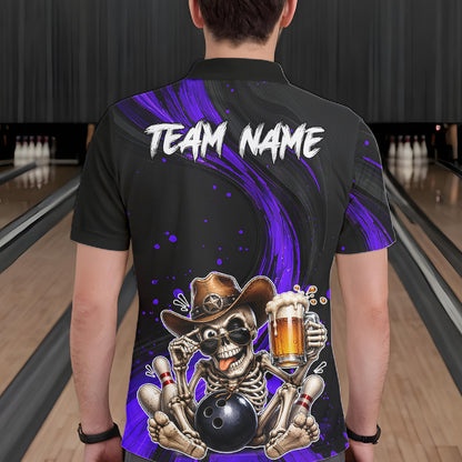 Person wearing a black bowling shirt with a skeleton design and 'Team Name' text in a bowling alley.