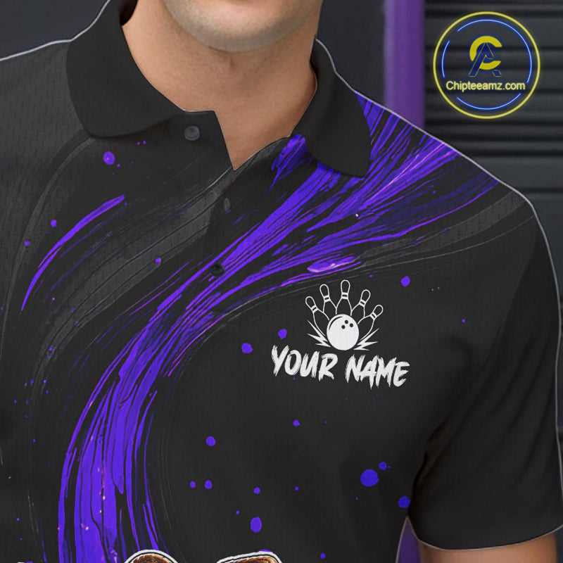 Black polo shirt with purple abstract design and bowling ball logo, personalized with 'Your Name'.