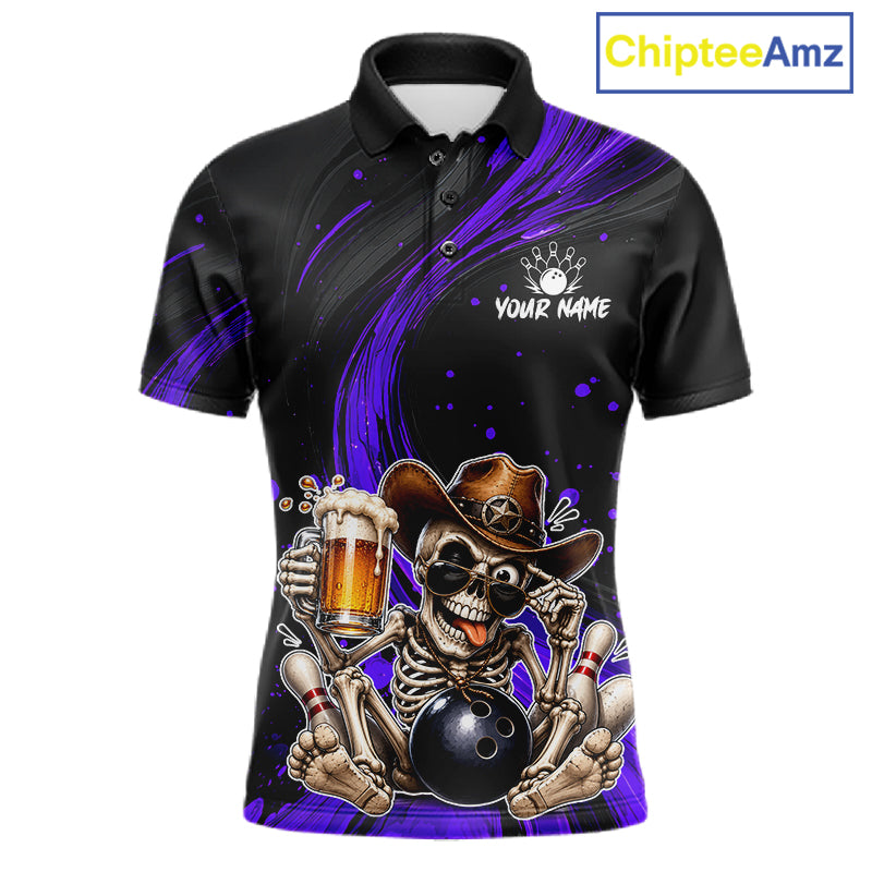 Funny Skeleton Cowboy Bowling Shirt, Personalized Purple Color Beer Bowler Polo & Quarter-Zip 