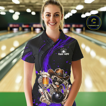 Person wearing a custom bowling shirt with a skeleton design in a bowling alley.