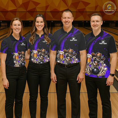 Funny Skeleton Cowboy Women Bowling Shirt, Personalized Purple Color Beer Bowler Polo & Quarter-Zip NHT1162