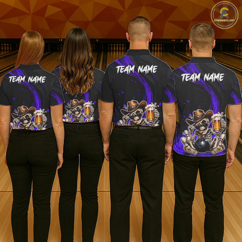Funny Skeleton Cowboy Bowling Shirt, Personalized Purple Color Beer Bowler Polo & Quarter-Zip NHT1162