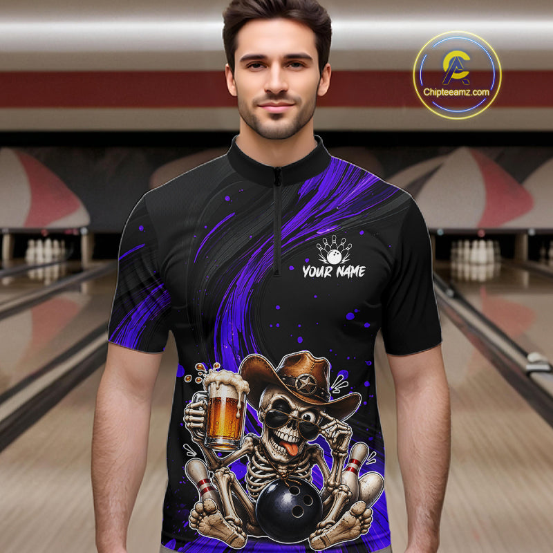 Man wearing a custom bowling shirt with a skeleton design in a bowling alley.