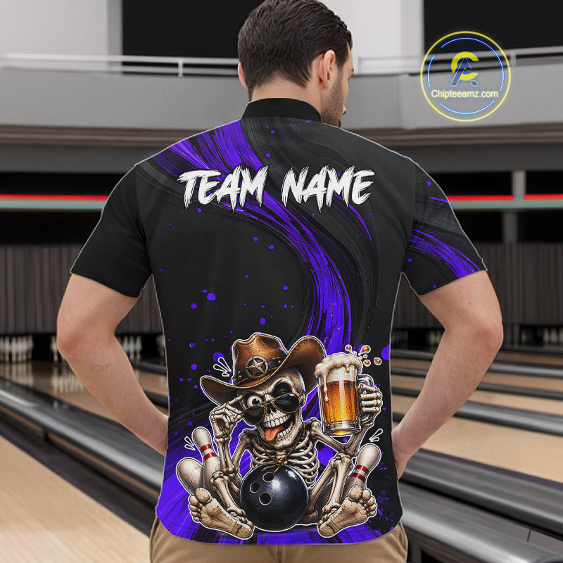 Person wearing a black and purple bowling shirt with a skeleton design in a bowling alley.