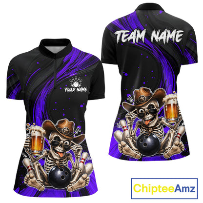 Black and purple bowling shirt with skeleton design and 'Team Name' text, featuring ChipteeAmz branding.