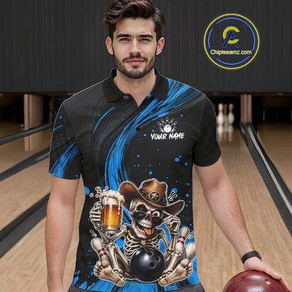 Funny Skeleton Cowboy Bowling Shirt, Personalized Blue Color Beer Bowler Polo & Quarter-Zip NHT1163