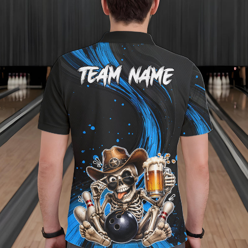 Funny Skeleton Cowboy Bowling Shirt, Personalized Blue Color Beer Bowler Polo & Quarter-Zip NHT1163
