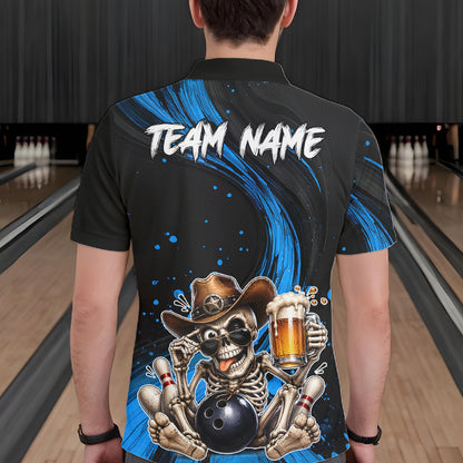 Funny Skeleton Cowboy Bowling Shirt, Personalized Blue Color Beer Bowler Polo & Quarter-Zip NHT1163