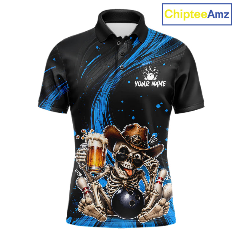 Funny Skeleton Cowboy Bowling Shirt, Personalized Blue Color Beer Bowler Polo & Quarter-Zip 