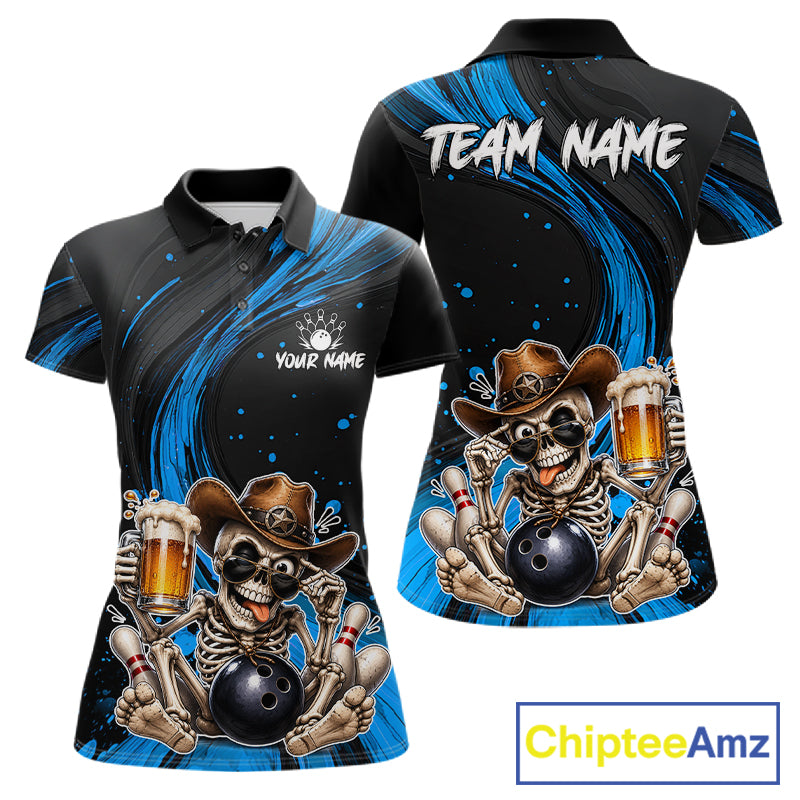 Funny Skeleton Cowboy Women Bowling Shirt, Personalized Blue Color Beer Bowler Polo & Quarter-Zip 