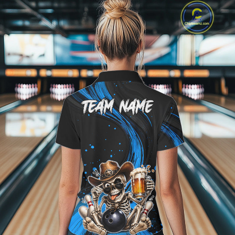 Person wearing a bowling shirt with a skeleton design in a bowling alley.