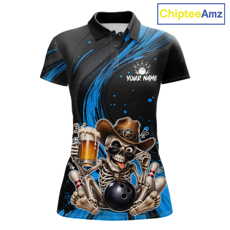Funny Skeleton Cowboy Women Bowling Shirt, Personalized Blue Color Beer Bowler Polo & Quarter-Zip 