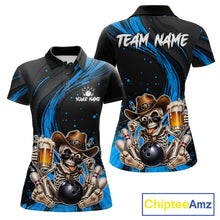 Load image into Gallery viewer, Funny Skeleton Cowboy Women Bowling Shirt, Personalized Blue Color Beer Bowler Polo &amp; Quarter-Zip 
