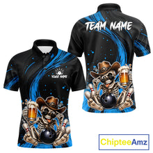 Load image into Gallery viewer, Black and blue bowling shirt with skeleton design and 'Team Name' text, featuring ChipteeAmz branding.