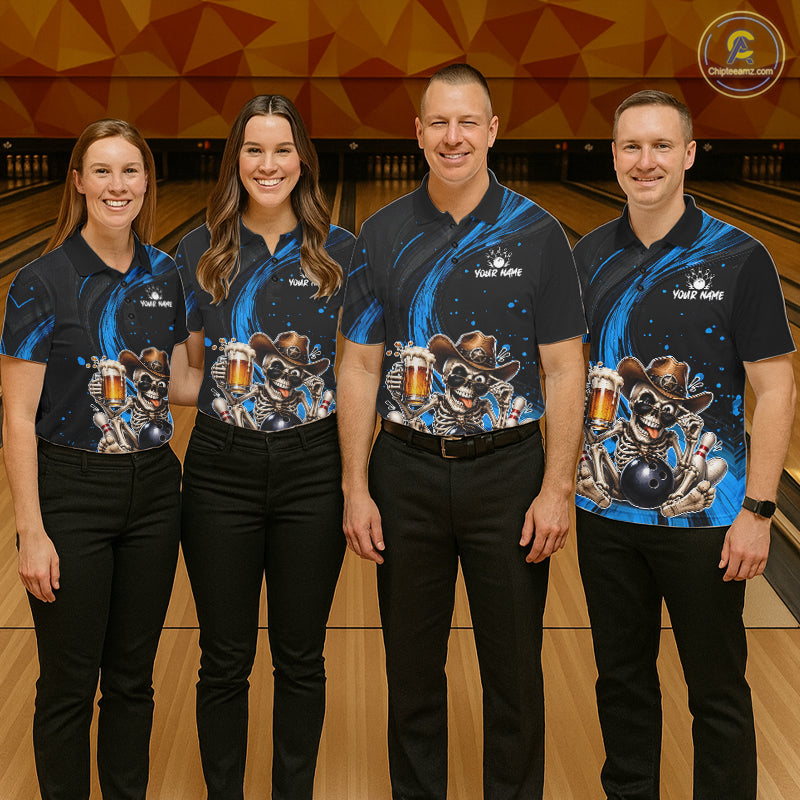 Funny Skeleton Cowboy Women Bowling Shirt, Personalized Blue Color Beer Bowler Polo & Quarter-Zip NHT1163