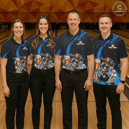 Funny Skeleton Cowboy Women Bowling Shirt, Personalized Blue Color Beer Bowler Polo & Quarter-Zip NHT1163