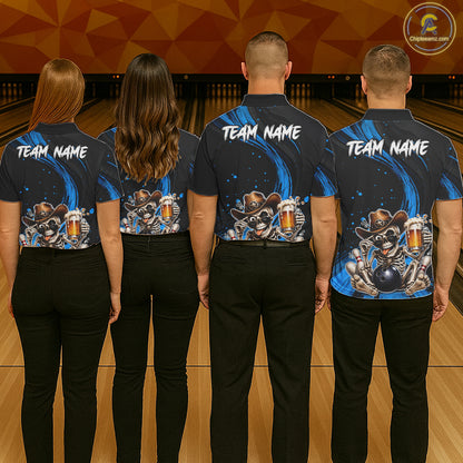 Funny Skeleton Cowboy Bowling Shirt, Personalized Blue Color Beer Bowler Polo & Quarter-Zip NHT1163