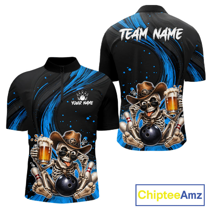 Black and blue bowling shirt with skeleton design and 'Team Name' text, featuring ChipteeAmz branding.