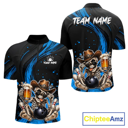 Black and blue bowling shirt with skeleton design and 'Team Name' text, featuring ChipteeAmz branding.