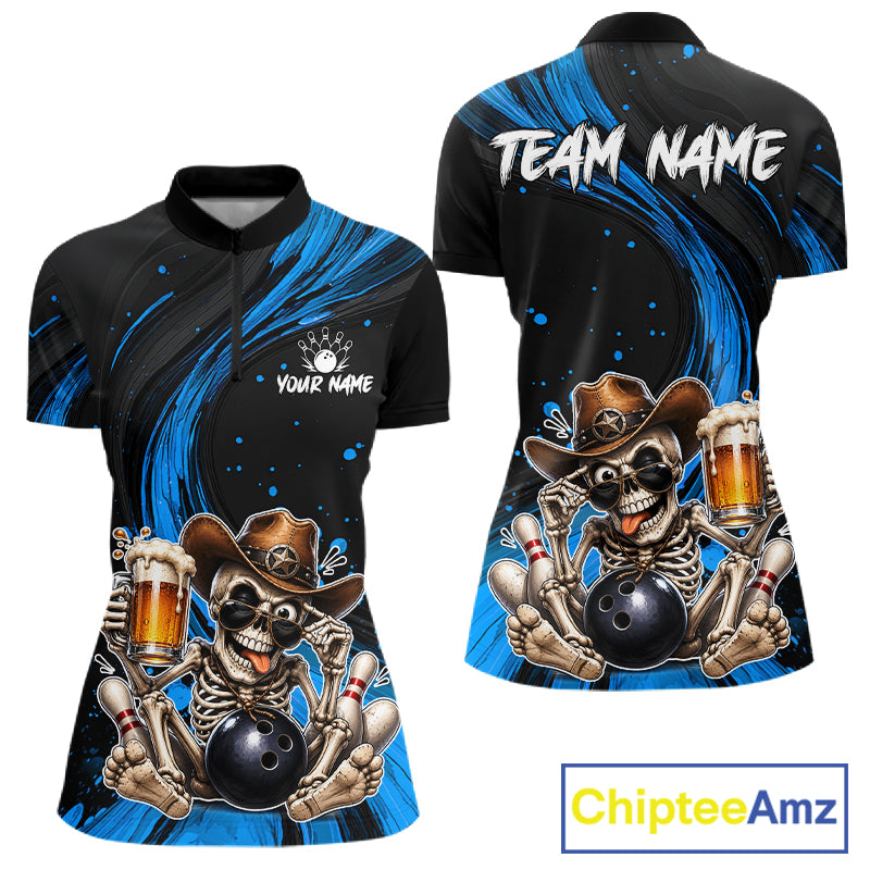 Funny Skeleton Cowboy Women Bowling Shirt, Personalized Blue Color Beer Bowler Polo & Quarter-Zip 
