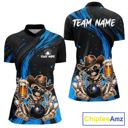 Funny Skeleton Cowboy Women Bowling Shirt, Personalized Blue Color Beer Bowler Polo & Quarter-Zip 