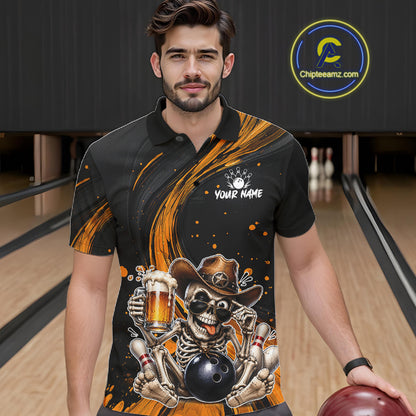 Man wearing a black and Yellow bowling-themed shirt with a skeleton design in a bowling alley.