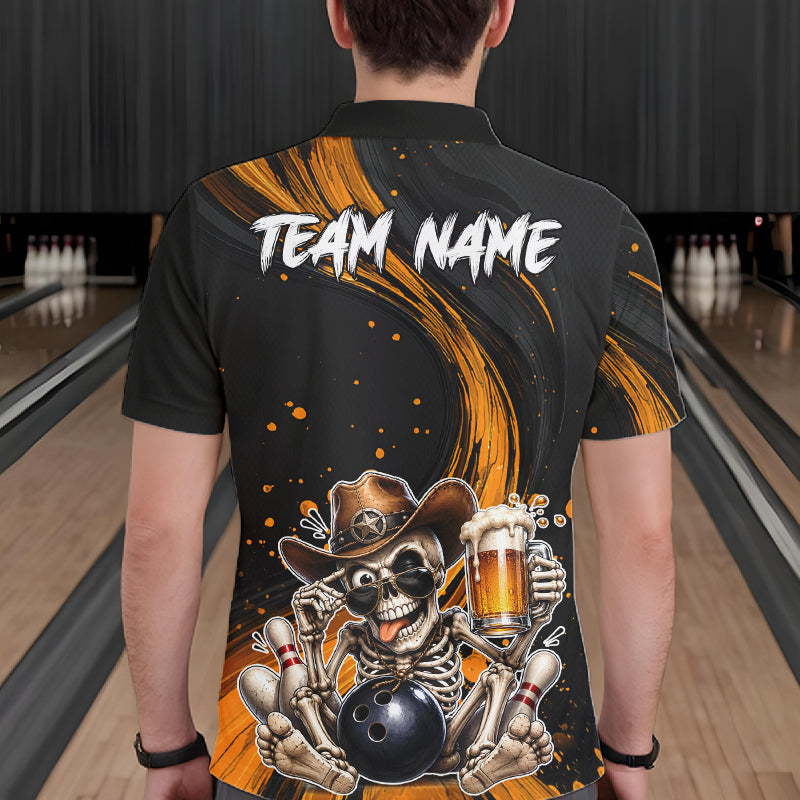 Man wearing a black and Yellow bowling-themed shirt with a skeleton design in a bowling alley.