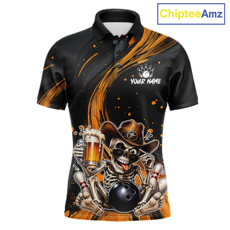 Funny Skeleton Cowboy Bowling Shirt, Personalized Yellow Color Beer Bowler Polo & Quarter-Zip 