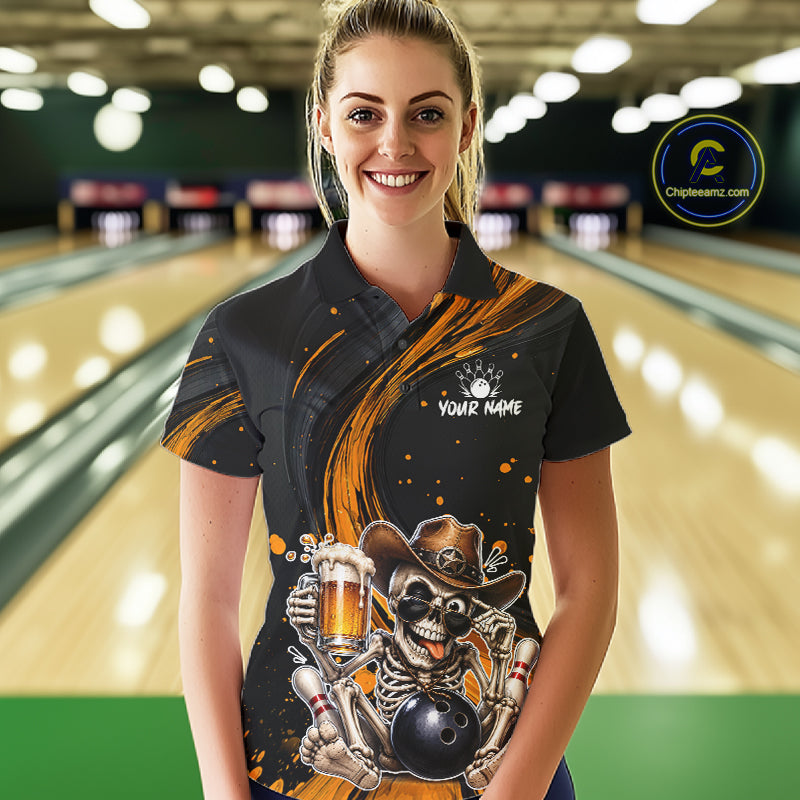 Person wearing a custom bowling shirt with a skeleton design in a bowling alley.