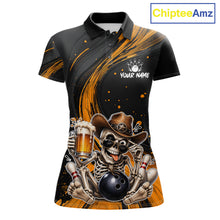 Load image into Gallery viewer, Polo shirt with a skeleton wearing a cowboy hat and holding a beer, sitting on a bowling ball, on a white background. Brand 'Chiptee Amz' visible.