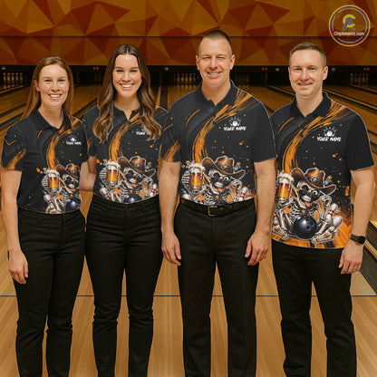 Funny Skeleton Cowboy Bowling Shirt, Personalized Yellow Color Beer Bowler Polo & Quarter-Zip NHT1164