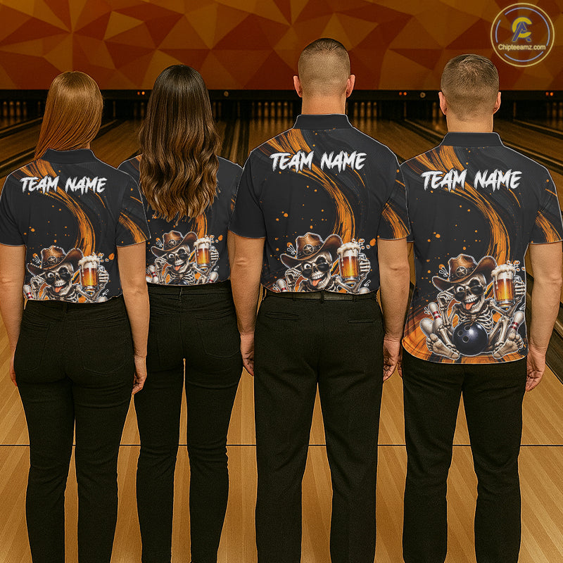 Funny Skeleton Cowboy Bowling Shirt, Personalized Yellow Color Beer Bowler Polo & Quarter-Zip NHT1164