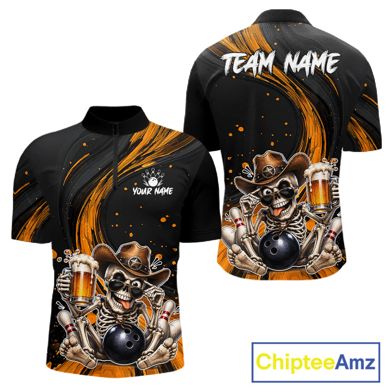Black and Yellow bowling shirt with skeleton design and 'Team Name' text, featuring ChipteeAmz branding.
