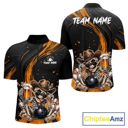 Black and Yellow bowling shirt with skeleton design and 'Team Name' text, featuring ChipteeAmz branding.