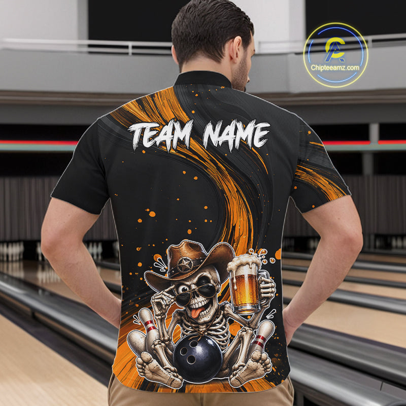 Person wearing a black bowling shirt with a skeleton design and 'Team Name' text, standing in a bowling alley.