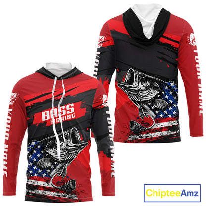 Bass American Flag Hooded Fishing Shirt Long Sleeve, Red Fishing Jersey For Fisherman NHT496