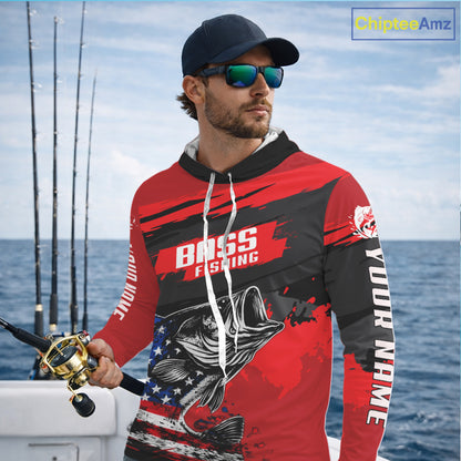 Bass American Flag Hooded Fishing Shirt Long Sleeve, Red Fishing Jersey For Fisherman NHT496