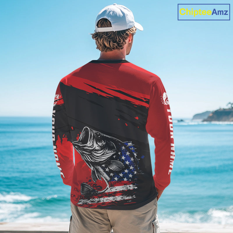 Bass American Flag  Fishing Shirt Long Sleeve, Red Fishing Jersey For Fisherman NHT496