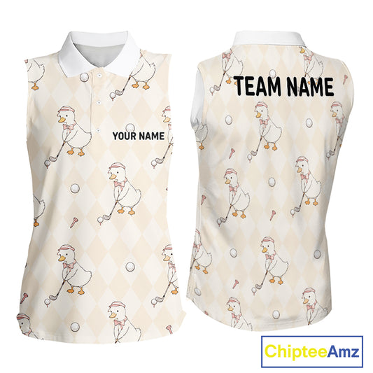 Personalized Argyle Funny Duck Pattern Womens Sleeveless Golf Polo Shirt - Custom Golf Team Gift